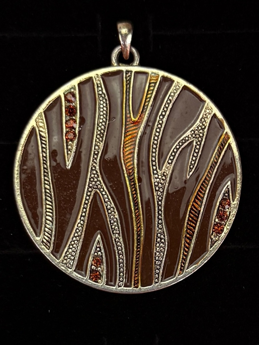Large vintage silvertone brown pendant + Free 16” cord necklace